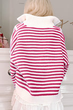 Load image into Gallery viewer, Online Pink Stripe Zip up Collar Drop Shoulder Sweater

