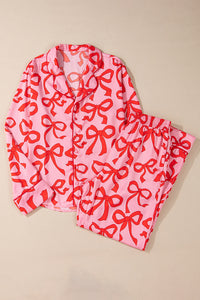 Online Pink 2pcs Bow Print Shirt Style Long Sleeve Pajama Set