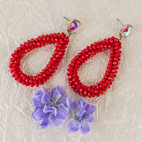 Beaded Hoop Earrings-Red