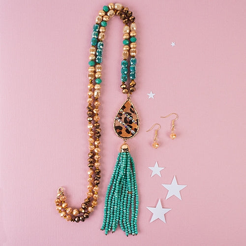 Beaded Tassel Necklace- Turquoise