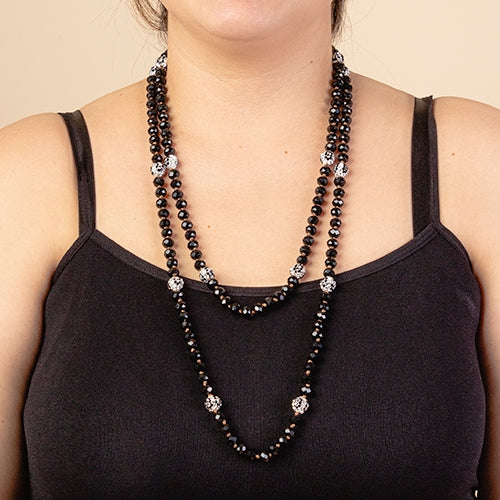 Crystal Beaded Necklace with Leopard Beads- Black & Silver