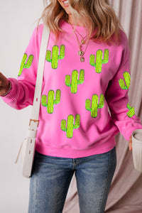 Online Bonbon Sequined Cactus Pattern Crewneck Pullover Sweatshirt