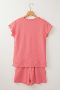 Online Sachet Pink Checkered Textured Tee and Drawstring Shorts