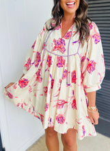 Load image into Gallery viewer, OnlinePink Floral Print Balloon Sleeve V Neck Babydoll Mini Dress
