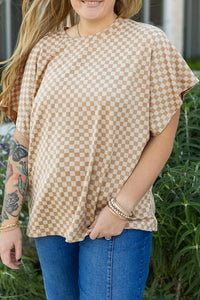 Online Khaki Checkerboard Short Batwing Sleeve Round Neck Plus Size T Shirt