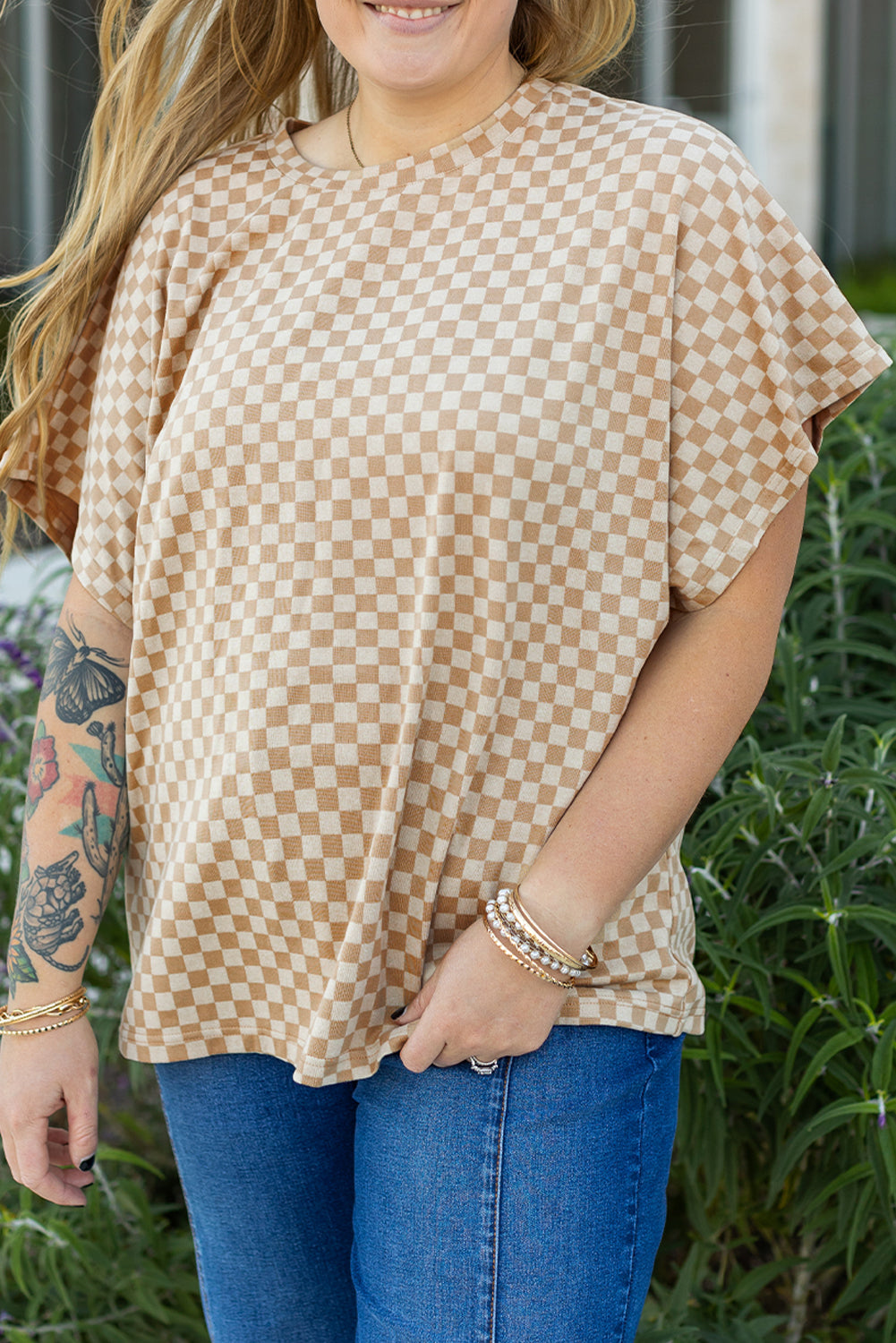 Online Khaki Checkerboard Short Batwing Sleeve Round Neck Plus Size T Shirt