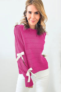 Online Rose Red Bow Knot Cut Out Round Neck Loose Sweater