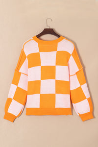 Online Rose Checkered Bishop Sleeve Sweater