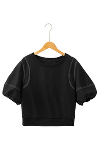Online Black Contrast Stitches Detail Puffy Half Sleeve Blouse