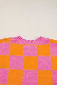 Online Sachet Pink Colorblock Plaid Pattern Ribbed Trim Sweater Tank Top