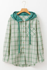 Online Green Checkered Print Loose Fit Buttoned Hooded Shacket