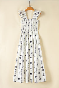 Online Black Bow Print Smocked Square Neck Ruffle Tiered Maxi Dress