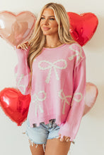 Load image into Gallery viewer, Online Pearl Beaded Bowknot Pattern Distressed Split Hem Sweater
