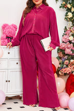 Load image into Gallery viewer, Online Rose Red Plus Size Ribbed Long Sleeve Shirt and Pants Pajama Set
