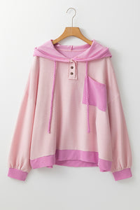 Online Pink Corded Colorblock Patchwork Plus Size Hoodie