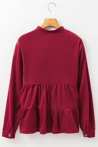 Online Burgundy Corduroy Ruffle Tiered Buttoned O Neck Shirt