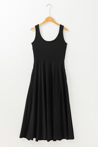 Online Black Sleeveless Scoop Neck Flared Split Midi Dress