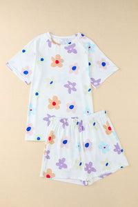 Online Pink Flower Print Short Sleeve High Waist Two Piece Shorts Set