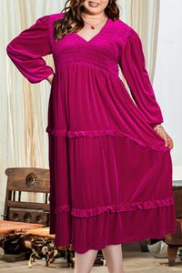 Online Rose Red Shirred V Neck Tiered Ruffled Velvet Plus Size Maxi Dress