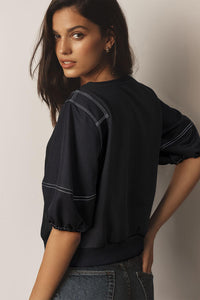 Online Black Contrast Stitches Detail Puffy Half Sleeve Blouse
