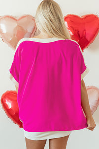 Online Rose Red Oversized Color Block Boat Neck Tunic Blouse