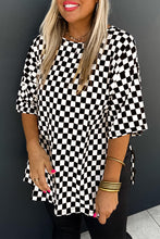 Load image into Gallery viewer, Black Checkered Print Side Slits O Neck Plus Size T Shirt
