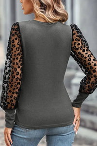 Grey Leopard Mesh Puff Sleeve Patchwork Slim Fit Top