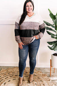 Online Black Leopard Print Colorblock V Neck Long Sleeve Plus Size Top