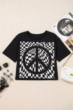 Load image into Gallery viewer, Online Black Checkerboard Peace Sign Printed Round Neck T Shirt
