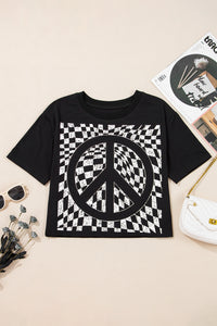 Online Black Checkerboard Peace Sign Printed Round Neck T Shirt