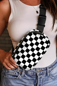 Online White Checkered Print Buckle Wide Belt Crossbody Bag