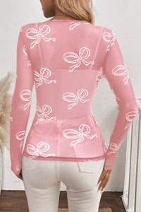 Online Pink Round Neck Bow Print Long Sleeve Mesh Top