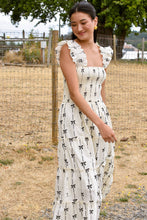 Load image into Gallery viewer, Online Black Bow Print Smocked Square Neck Ruffle Tiered Maxi Dress
