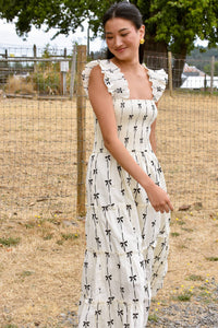 Online Black Bow Print Smocked Square Neck Ruffle Tiered Maxi Dress