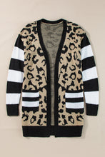 Load image into Gallery viewer, Black Stripe Sleeve Leopard Print Open Front Cardigan With Pockets
