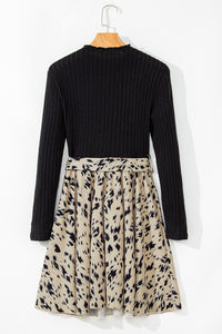Online Black Ribbed Knit Patchwork Printed Belted A-line Dress
