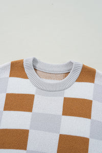 Online Pink Checkered Ribbed Edge O Neck Drop Shoulder Sweater