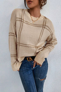 Online Pink Plaid Pattern Knitted Drop Shoulder Sweater