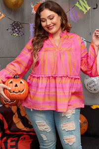 Online Vitality Orange Plus Size Geometric Printed Bell Sleeve Babydoll Blouse