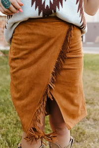 Brown Fringed Wrap Western Midi Skirt