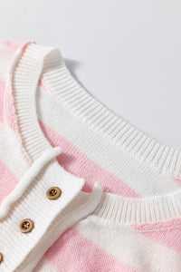 Online Pink Stripe Half Buttons Drop Shoulder Sweater