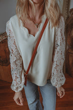 Load image into Gallery viewer, Online White Scalloped V Neckline Lace Hollowed Lantern Sleeve Blouse
