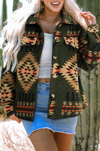 Online Green Aztec Print Flap Pockets Long Sleeve Shacket