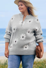 Load image into Gallery viewer, Online Gray Plus Size Embroidered Floral Pattern Half Zip Sweater
