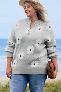 Online Gray Plus Size Embroidered Floral Pattern Half Zip Sweater