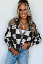 Load image into Gallery viewer, Online Black Checkered Drop Shoulder Buttoned V Neck Cardigan
