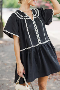 Online Black Contrast Ricrac Trim Short Sleeve V Neck Loose Mini Dress