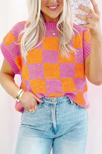 Online Sachet Pink Colorblock Plaid Pattern Ribbed Trim Sweater Tank Top