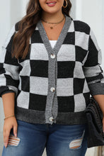 Load image into Gallery viewer, Online Black Checkered Drop Shoulder Buttoned V Neck Cardigan
