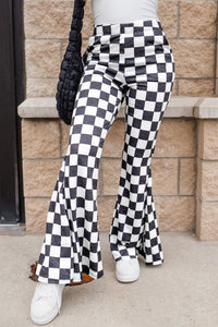 Online Black Checkerboard High Rise Casual Flared Pants